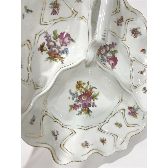 Vintage porcelain center handle server bowl 3-part vegie display white & floral - Picture 4 of 9